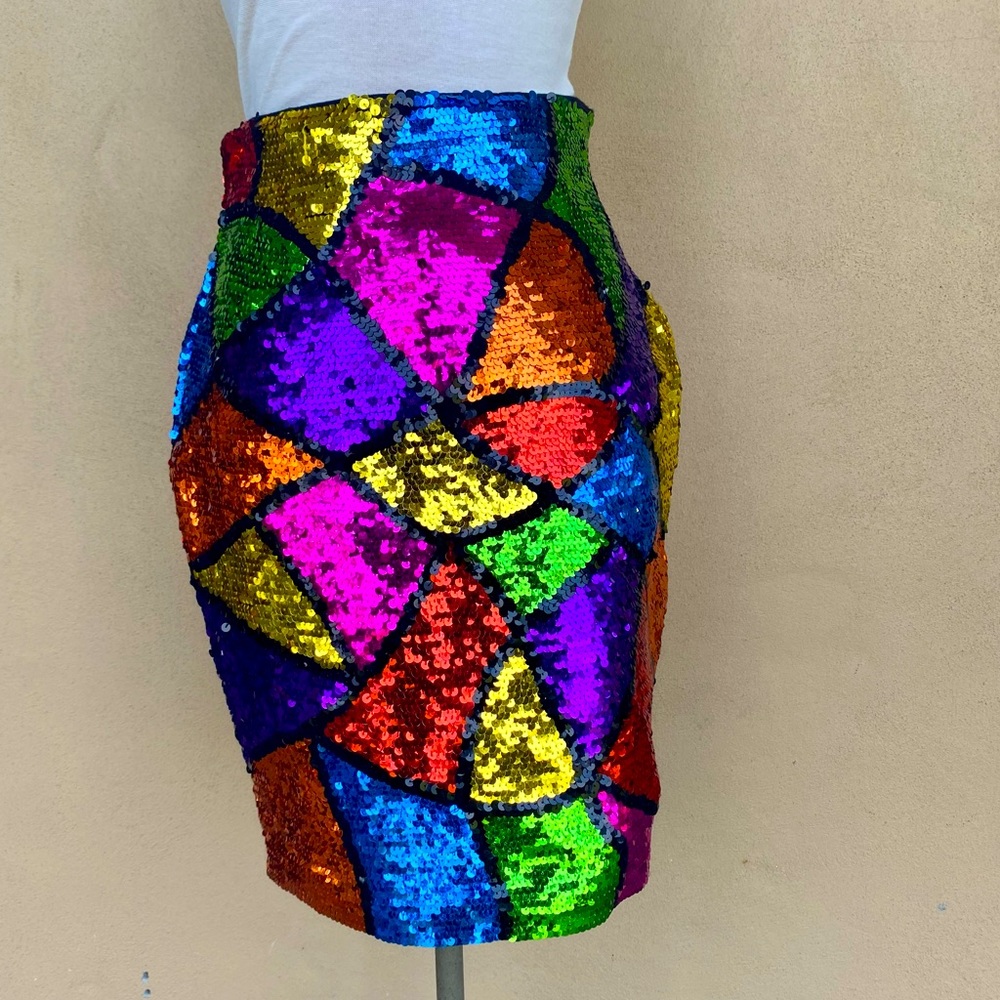 SOLD NWT Vtg Casual Corner Multicolor Rainbow Sequin Pencil Skirt Sz 12 90s - Picture 3 of 7